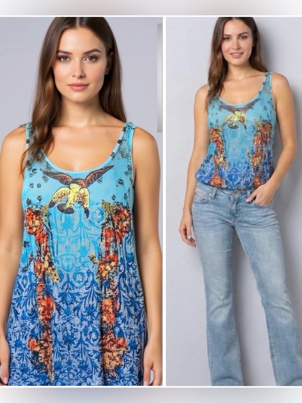 Butterfly Dropout Sleeveless Floral Y2K Tank Top Size Small Blue Ombre Birds